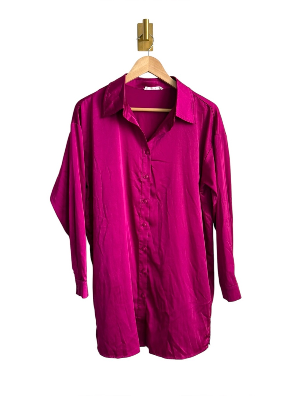 12th Tribe Fuchsia Satin Oversized Longline Button Down Shirt Blouse Small